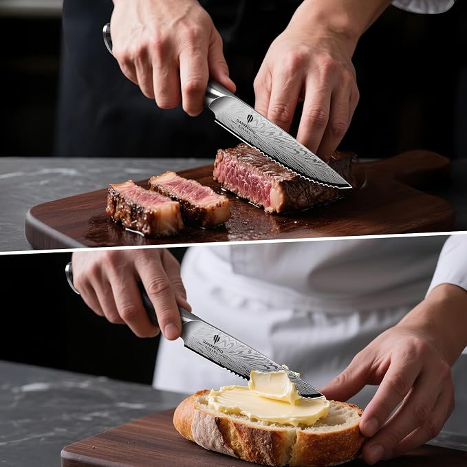 Steak Knives Set of 6, Ultra Sharp 4.5 Inch High Hardness Powder Steel Steak Knife Set, Serrated Steak Knives with Ergonomic Pakkawood Handle Japanese Knives for Steak, Bread and Butter