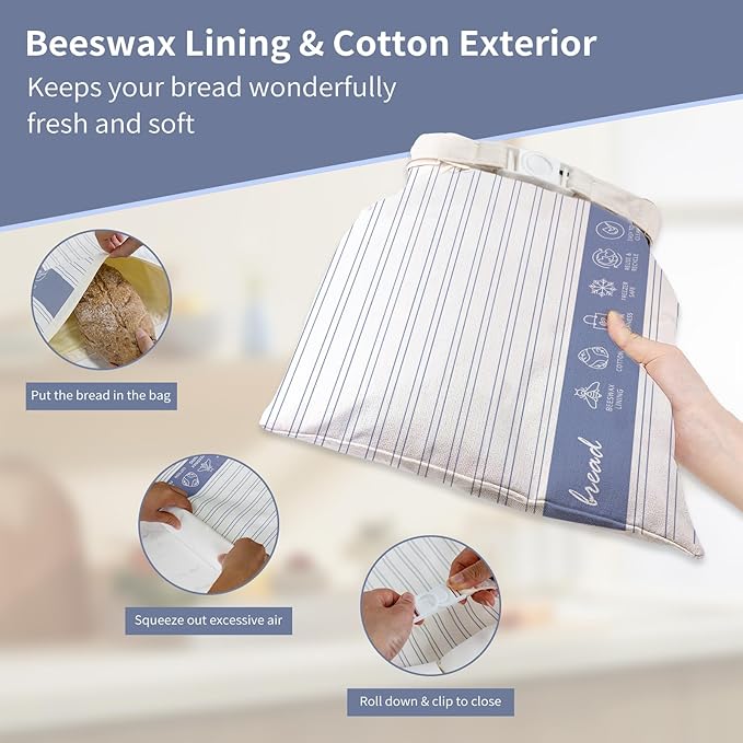 Saicefe 2 Pack Reusable Beeswax Bread Bags for Sourdough & Homemade Bread, Cotton Waxed Bags Keeps Fresh Longer XL Food Storage Bags with Beeswax Lining, Freezer Safe, Baking Supplies for Sourdough