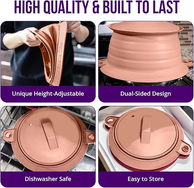 L.I.Q Silicone Splatter Guard – Fits 8 and 10 Inch Pots (20 and 25 Centimeters) – Microwave Safe and Durable SplatterDom - Includes 8” Lid - Food and Oil Splash Guard (Terra Cotta, Small)