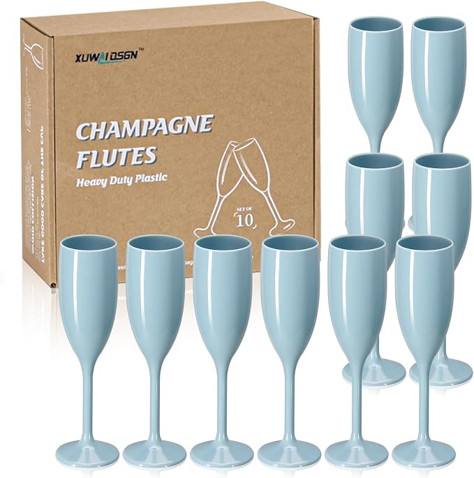 XUWAIDSGN Acrylic Champagne Flutes Toasting Glasses Unbreakable Mimosa Bar Reusable Wine Glasses Vintage Champagne Flutes Stemmed Drinking Cups 5.4 OZ for Christmas Birthday (10, Blue)