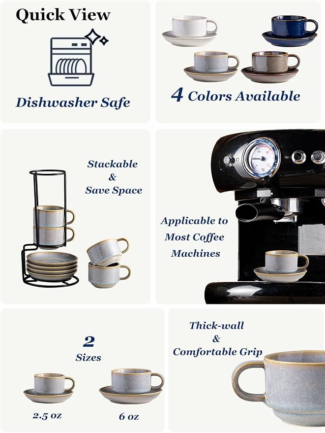 Gomakren 2.5 Ounce Espresso Cups Set of 4, Small Stackable Coffee Cups with Saucers and Metal Stand Father's Day Porcelain Demitasse Cups for Specialty Coffee Drinks, Espresso, Cappuccino, Latte, Gray