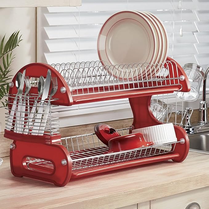 Montgomery Ward Retro 2-Tier Dish Rack, Space-Saving Design, Durable Plastic and Chrome-Plated Wire, Easy Assembly (Delicious Red)