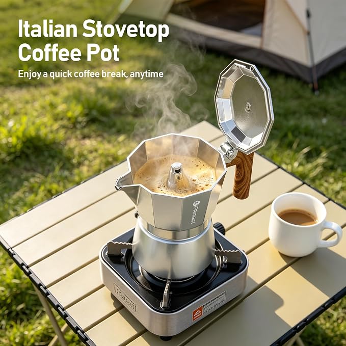 Stovetop Espresso Moka Pot Coffee Maker, Non-slip Wood Grain Handle, Cast Aluminum, Compatible with Gas, and Electric Stoves (Silver, 12 cups)