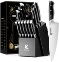 Kitchen Knife Set with Block: 15-Piece German Stainless Steel with Dual Sharpener for Beginners - Covers 95% Kitchen Tasks - Black Full-Tang Ergonomic Handle, Dishwasher Safe, Easy to Use
