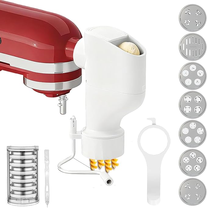 Gourmet Pasta Press Attachment for KitchenAid Stand Mixers, Pasta Maker Attachments with 7 Interchangeable Pasta Plates, Kitchen aid Pasta Attachment for Spaghetti Bucatini Fusilli l Macaroni