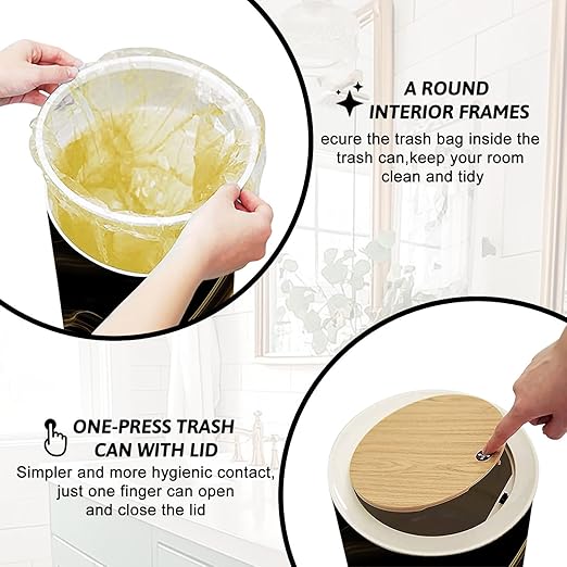 Trash Can with Lid Marble texture wall surface black gold ink graphic granite abstract Press Top Round Small Garbage Bin with Wooden Legs Waste Basket for Kitchen Bedroom Nursery 7L/1.8 Gallon