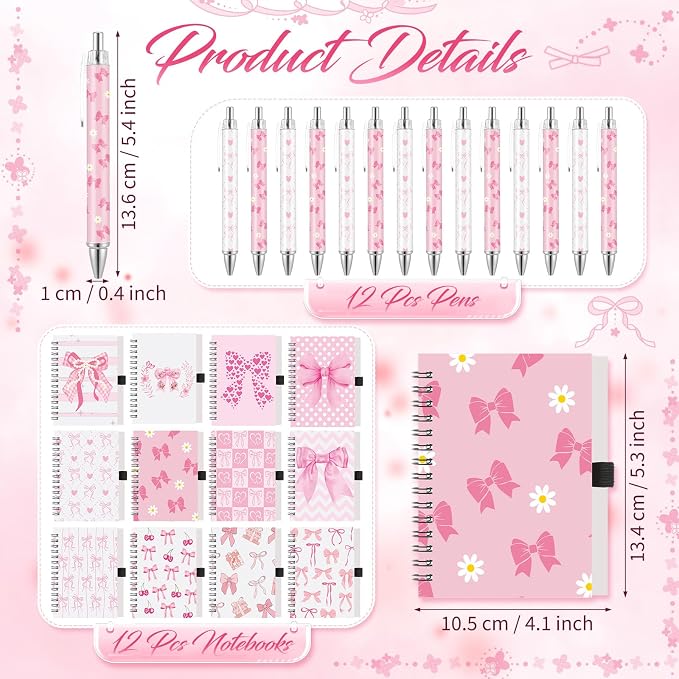 Skylety 12 Set Pink Bow Gifts Coquette Party Favors Bow Glass Cup with Lid and Straw Spiral Notebooks Sticky Pens for Baby Shower Game Prizes for Winners Bridal Shower Bachelorette Party Supplies