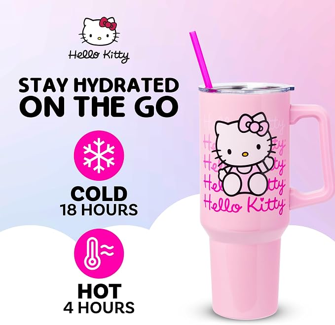 Silver Buffalo Sanrio Hello Kitty Waving Double Walled Stainless Steel Tumbler with Handle and Straw, Fits in Standard Cup Holder, 40 Ounces