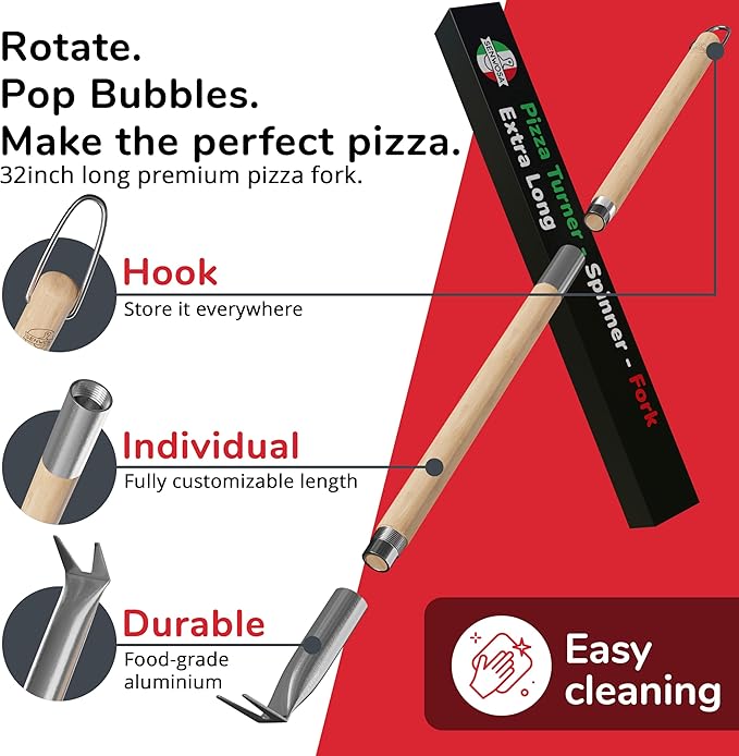 Senwosa Pizza Turner Fork & Bubble Popper - Easy Pizza Rotation for Evenly Baked Crust - Adjustable Handle [26"-32”]