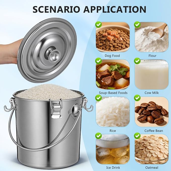 iplusmile Stainless Steel Airtight Canisters Container: 152 fl oz Airtight Clamp Lid Kitchen Food Storage Bucket for Rice Flour Grain Coffee Bean Flour Oil Sugar Milk