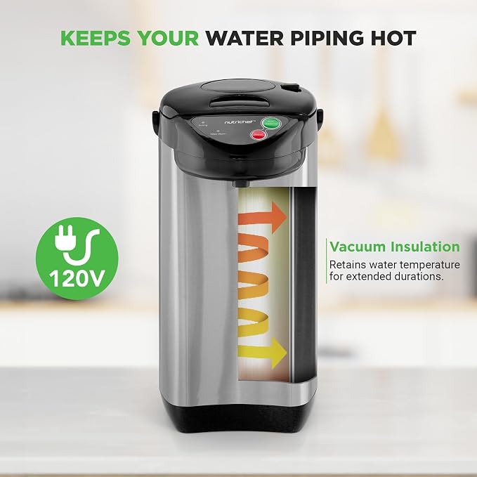 NutriChef 5.2 Qt Hot Water Dispenser with 5 Temperature Settings | Digital water boiler with 3 dispensing options, stainless steel interior, safety lock, and quick heating.