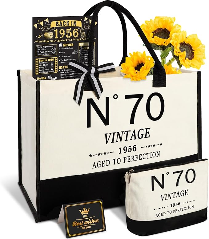 YeohJoy 70th Birthday Gifts for Women Canvas Tote Bag Travel Gear, Unique 70 Years Old Gifts for Wife Mom Sister Aunt Friends Her, Vintage N°70 Handbag & Cosmetic Bag & Back in 1956 Poster