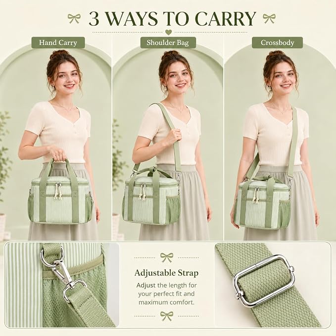 BTOOP Insulated Lunch Box for Women, Cute Corduroy Lunch Bag with Shoulder Strap, Leakproof Wide-Open Lunch Tote for Work, Office, School, Picnic, Green White Stripes