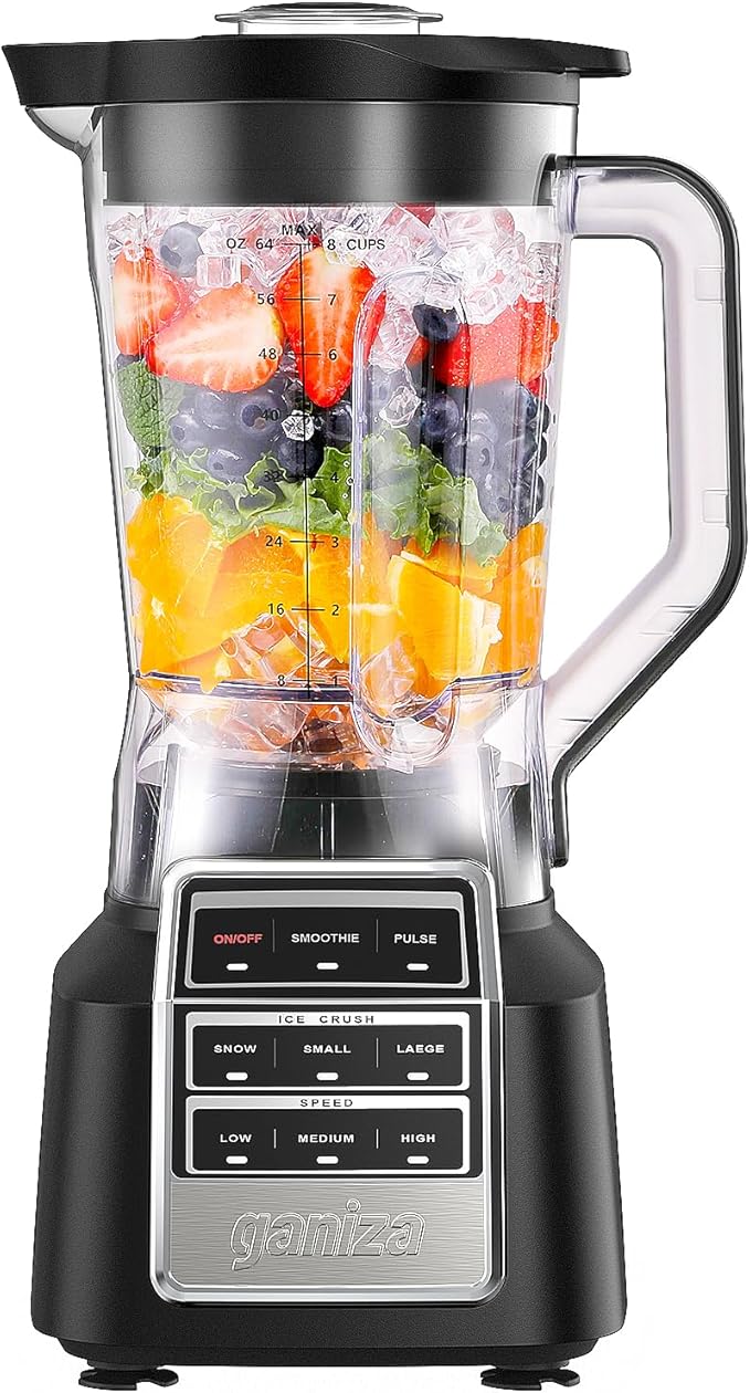 Ganiza Smoothie Blender Max 1800W, Professional Blenders for Kitchen | 64 oz Large Capacity Pitcher, 3 Manual Speeds Maker for Smoothies, Shakes, Frozen Drinks, Sauces, Salsa, Full-Size Countertop