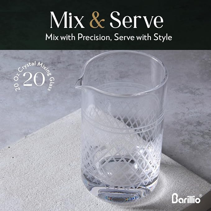 Barillio Crystal Cocktail Mixing Glass - 20 Oz (600 ml) Seamless Weighted With Thick & Sturdy Bottom Cocktail Stirring Pitcher | Old Fashioned Beaker - Bartender Mixology Accessories to Stir Cocktails