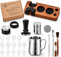 28-Piece 51mm Espresso Accessories Kit with Wood Tamping Station | Wood tamping station with tamper, distributor, WDT tool, dosing funnel, milk pitcher, puck screen and latte art accessories