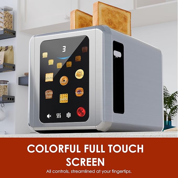 WHALL Full Touch Screen Toaster 2 Slice, 1.5'' Wide Slot Stainless Steel Toaster with Digital Timer, 6 Bread Types & 6 Shade Settings, Crumb Tray, Reheat/Defrost, Smart Toasters for Bagels, Silver
