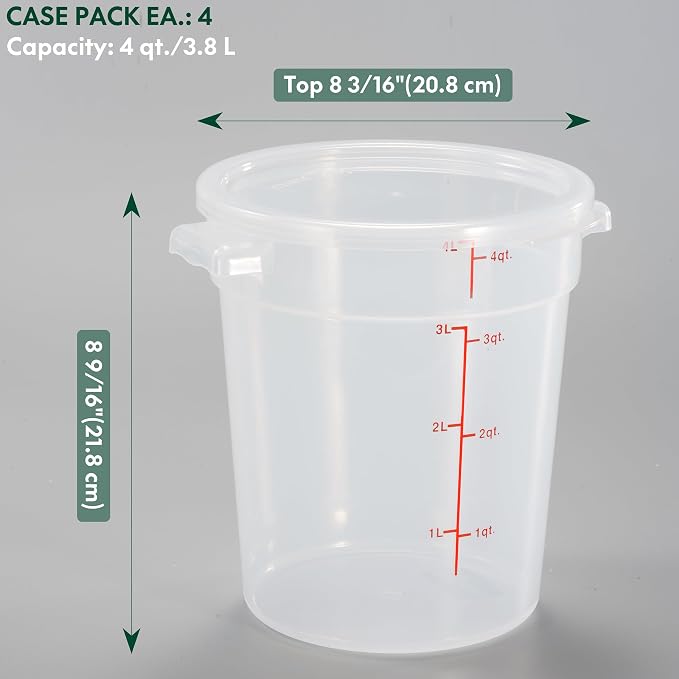 CURTA 4 Quart Translucent Round Food Storage Container with Lid, Pack of 4 – NSF Listed, BPA-Free, Commercial-Grade Polypropylene, Freezer & Dishwasher Safe, Non-Stick, Easy-Read Graduations