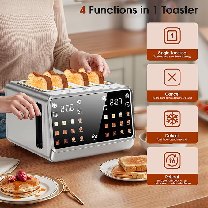 Touch Screen Toaster 4 Slice, DualZone Control, 6 Browning Levels & Toast Types,Single-Slice Mode, Stainless Steel, Removable Crumb Tray
