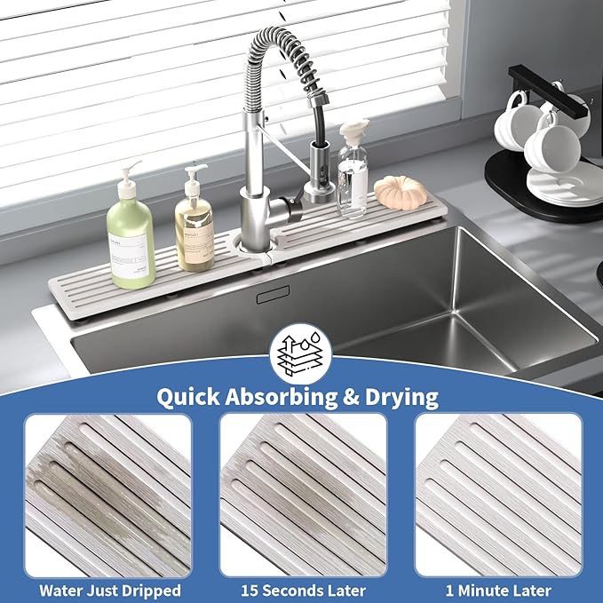 Faucet Mat for Kitchen Sink, Water Absorbent Kitchen Faucet Mat, Durable Sink Splash Guard with Raised Feet, Diatomite Fast Drying Kitchen Sink Faucet Mat, Bathroom Stone Drying Tray for Counter