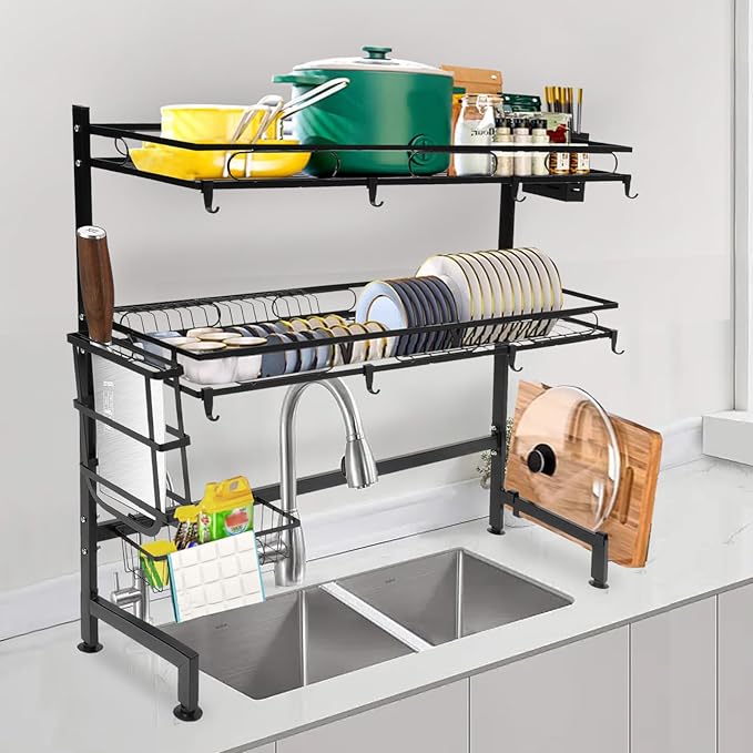 Over The Sink Dish Drying Rack, 2-Tier Multifunctional Over The Sink Dish Rack, Large Storage Space Kitchen Dish Drying Rack for Storing Seasonings, Dishes, Chopsticks, Cutting Boards (32.3in)