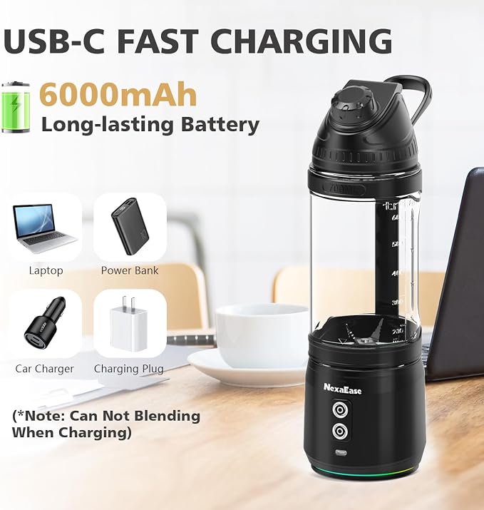 Portable Personal Blender for Smoothies, Protein Shakes, Frozen Drinks - 24Oz Blender Cup Bottle with Sip Spout, Travel Lid, USB-C Rechargeable, Cordless - Mini Small Blenders for Kitchen, Gym, Office