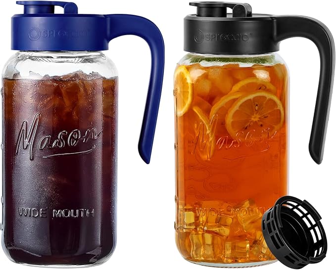 Mason Jar Pitcher - Airtight & Leakproof Glass Pitcher with Lid, Perfect for Breastmilk, Cold Brew, and Sun Tea, 2 Quart (64 oz) Mason Jar with Pour Spout Lid