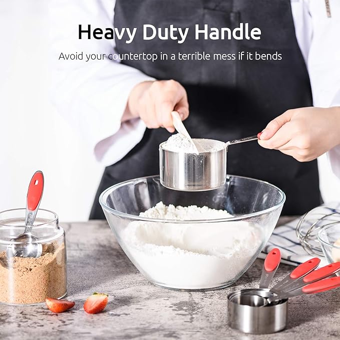U-Taste 10 Piece Measuring Cups and Spoons Set in 18/8 Stainless Steel, and 18/8 Stainless Steel 5.5 inch 30 Mesh Strainer (Red)