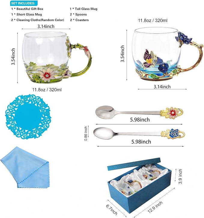 Tea Cup Glass Coffee Mugs,Fancy Tea Cup Set Birthday Christmas Valentine's Day Gift Idea for Tea Lover and Women Novelty Coffee Mugs Rose Flower Enamel Tea Cup Glass Mug with Spoon (Blue & Green)