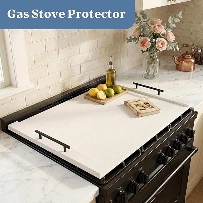 White Stove Top Cover for Gas & Electric Range | 30"x22" Farmhouse Noodle Board with Handles | RV Kitchen Workspace Saver