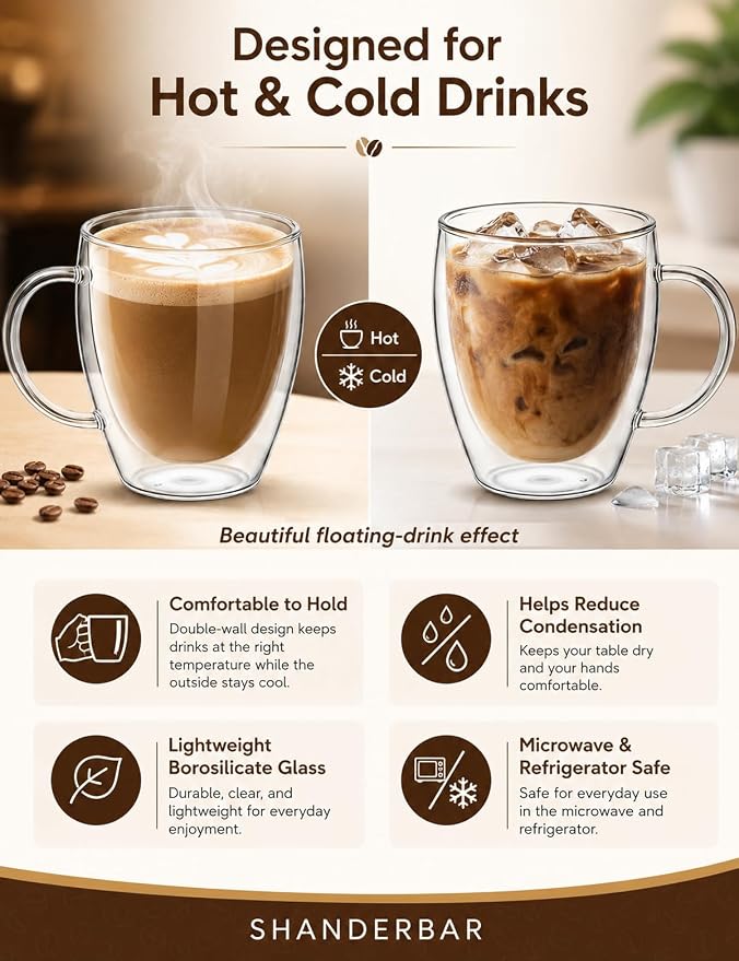 Set of 4 Double Walled Glass Coffee Mugs with Handles, 12oz Clear Coffee Mugs for Hot/Cold Beverages, Insulated Borosilicate Glass Cups for Cappuccino, Espresso, Latte, Tea, Milk, Microwave Safe