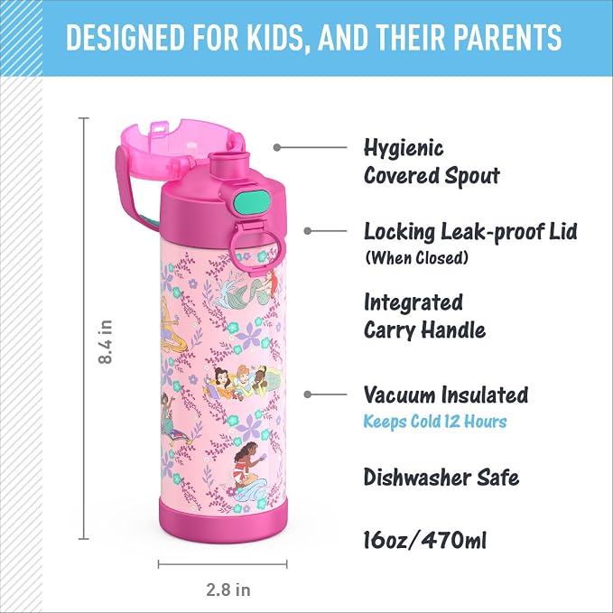 THERMOS FUNTAINER 16 Ounce Stainless Steel Vacuum Insulated Bottle with Wide Spout Lid, Princess
