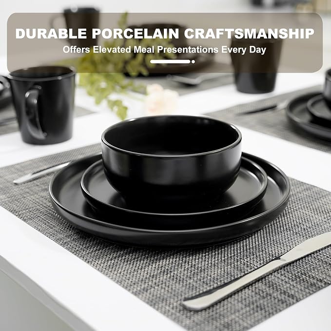 EWFEN Plates and Bowls Sets, 32 Pieces Ceramic Dinnerware Set for 8, Stoneware Dishware Dishes Set, Scratch Resistant Dishes Set, Dishwasher & Microwave Safe, Black