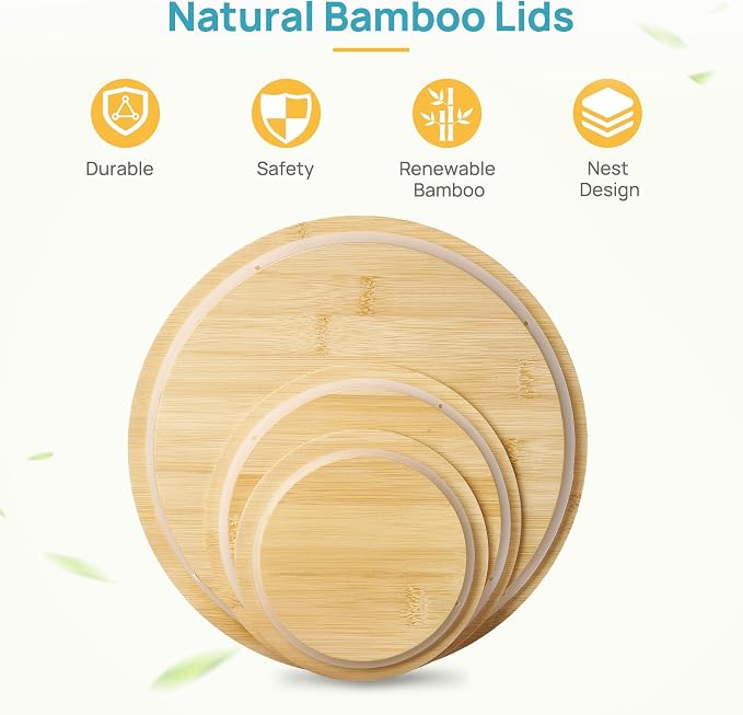 Vtopmart 3 Pack Glass Mixing Bowls with Bamboo Lids Set, Salad Bowl Set, Nesting Kitchen Bowls for Serving, Prepping, Cooking and Baking, Dishwasher & Microwavable Safe