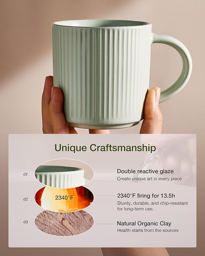 famiware Coffee Mug Set for 6, Star 12 oz Catering Mugs Cup Set with Handle for Coffee, Tea, Cocoa, Milk- Ceramic Stoneware Drinkware Set, Light Green
