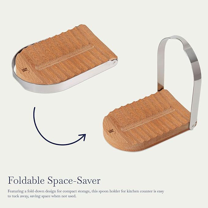 Spoon Rest Pot Holder - Wood and Stainless Steel Pot Lid Holder and Spoon Rest for Stove Top or Kitchen Counter, Foldable, Adjustable Stand for Cookbook, Pan Lid, Cooking Utensil, Ladle