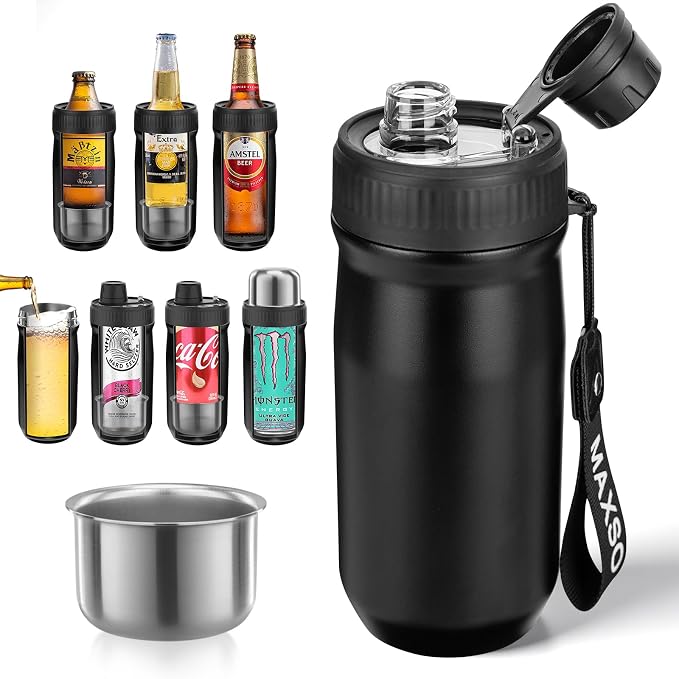 MAXSO Sealed Can Cooler Fizz Lid Can Cover for 12 oz Regular, Slim Skinny Cans & As Thermal Bottle (Matte Black, 5-in-1)