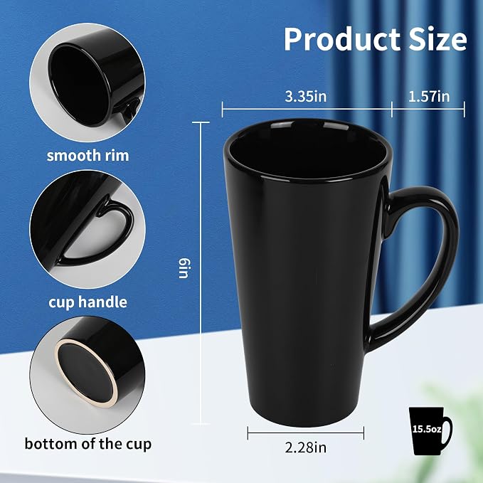 BYCNZB 16oz black Funnel Ceramic Tall Coffee Mugs for Coffee, Tea, Cocoa, Latte, Milk set of 4(Black)