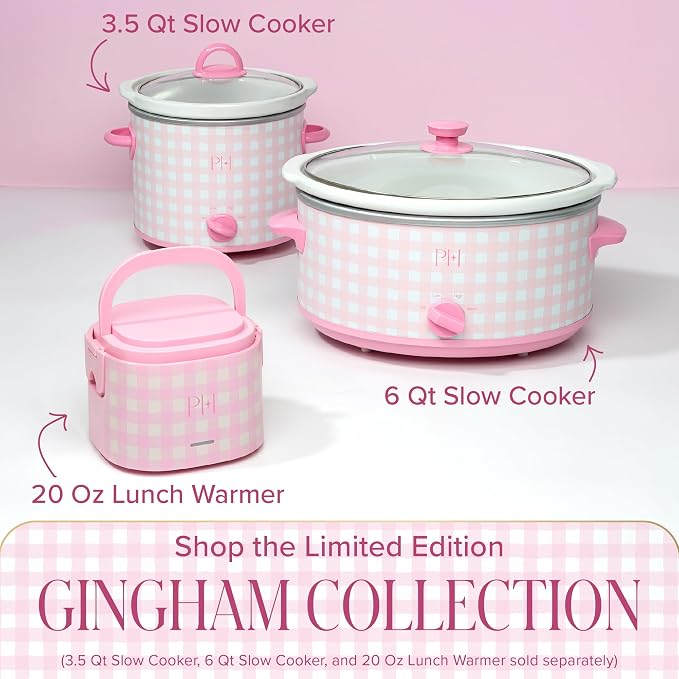 Paris Hilton 6-Quart Manual Slow Cooker, Features Three Settings (Low, High, Warm), Naturally Nonstick and Dishwasher Safe Stoneware Insert, Family Sized Capacity, Gingham Pink