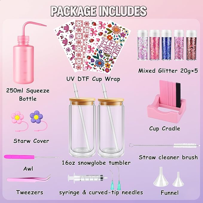 LEGEOS 2 Pack Snow Globe Tumbler Starter Kit, 16oz Pre-Drilled Double Wall Acrylic Cups for DIY Crafting | Includes Blank Cups,4 Cup Wraps, Cradle, Mixed Glitters & Tools | Gifts for Women