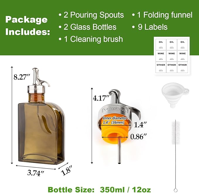 Olive Green 12oz Glass Olive Oil Bottle Dispenser - 350ml Oil and Vinegar with Pourers and Funnel - Oil Dispenser Bottle for Kitchen