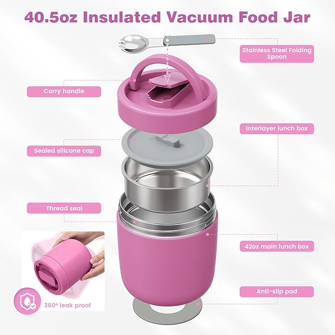 Thermo for Hot Food Adults, 40.5oz Wide Mouth Soup Thermo Lunch Containers with Spoon, Stainless Steel Vacuum Insulated Bento Lunch Box,Lunch Containers with Handle(Pink)