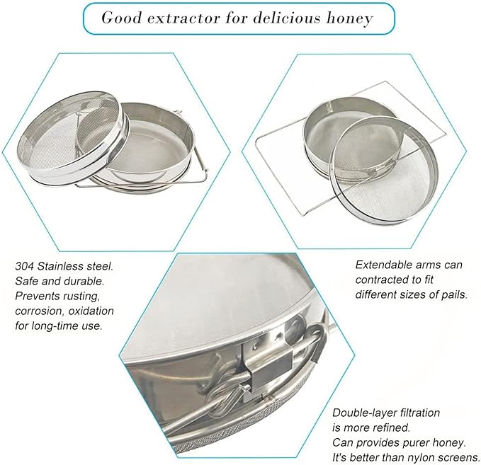 Honey Strainer for 5 Gallon Bucket Stainless Steel Double Sieve Honey Filter Strainer for Clean Honey with Up to 16.5 inches Extendable Arms