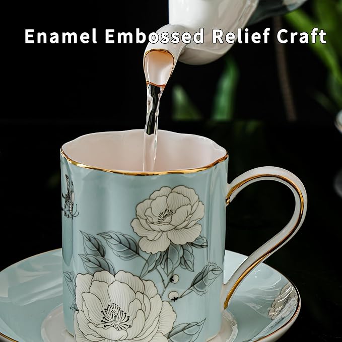 Floral Tea Cup and Saucer Set, Bone China Cup and Saucer with Spoon, Elegant Porcelain Coffee Cup with Gold Trim, Food Grade Coffee Mug for Women, Tea Party, Gifts Giving, 8.5 oz