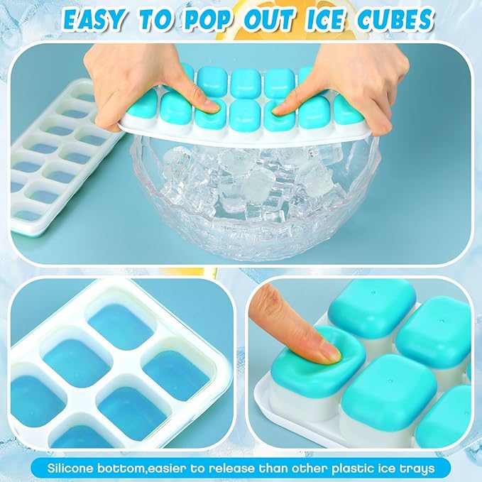 Rtteri 36 Pack Ice Cube Trays Silicone Ice Tray for Freezer Flexible 14 Cube Molds Easy Release Stackable Trays with Lid for Drinks Cocktail Coffee Baby Food (Blue)