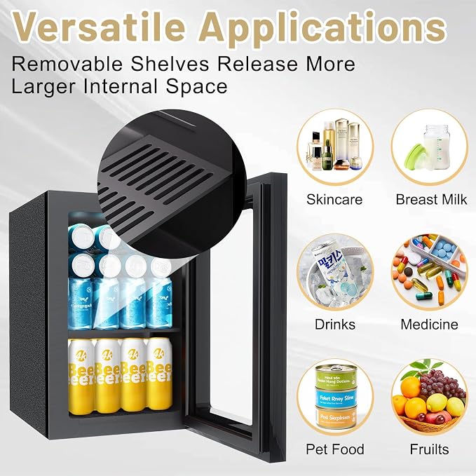 24Can/0.9Cu.Ft Mini Fridge with Mirror, Compact Small refrigerator with 7 Temp Control, Removable Shelf, Personal Cooler for Bedroom, Dorm, Office and Beverage Beauty Storage