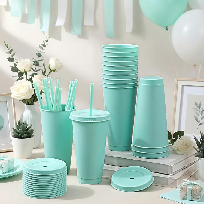 Honeydak 15 Pack Tumbler with Straw and Lid Bulk Cups for Gifts Glitter Plastic Coffee Cups 24-27 oz Reusable Water Bottle Iced Coffee Travel Mug Party Favors for Birthdays Travel (Mint Green)