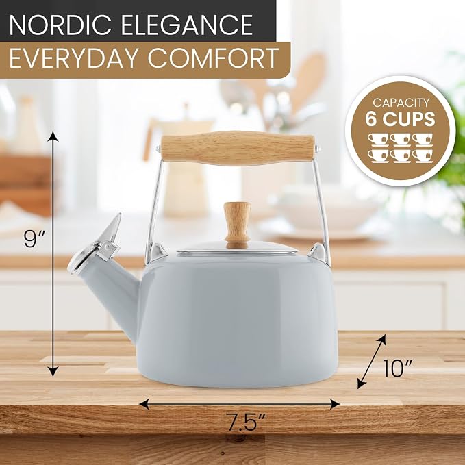Chantal SVEN Enamel on Steel Whistling Teakettle with Natural Wood handle, 1.4 quarts (Fog Grey)