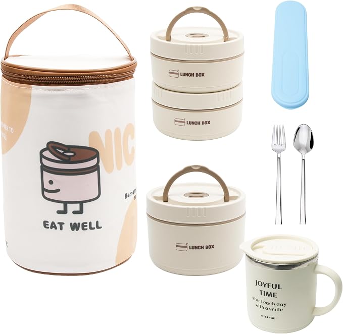 Insulated Lunch Box Set, 3-Piece Stainless Steel Bento Box with Lunch Bag, Coffee Mug, Fork & Spoon, Leakproof Stackable Thermal Lunch Containers, Reusable Food Storage for Home, Office, Outdoor Use