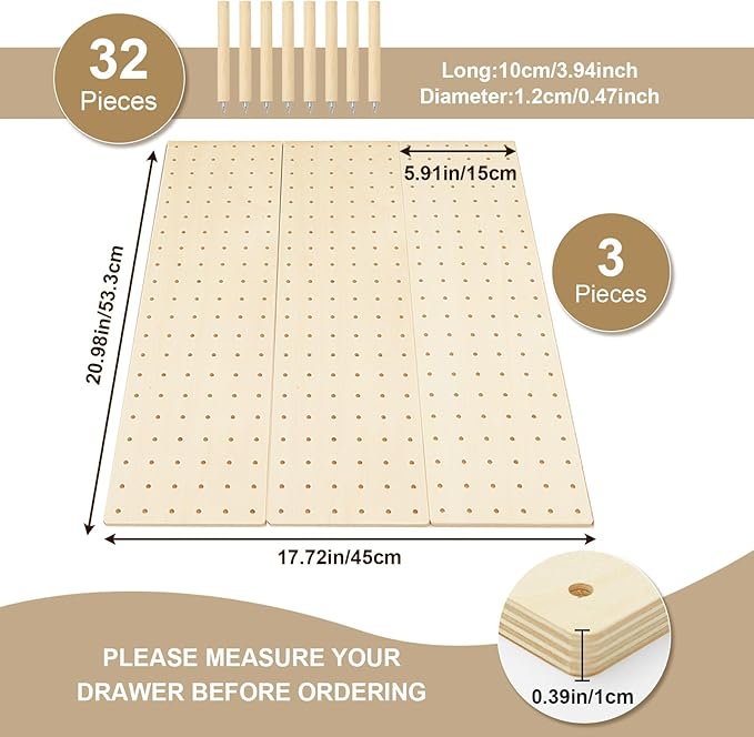 Kigley 3 Pcs Wood Pegboard Drawer Organizer with 32 Pegs Wooden Peg Board Drawer Shelf Organizer Adjustable Peg System for Dishes Plate Pot Container Cookware Utensil Kitchen(20.98 x 5.91 in)